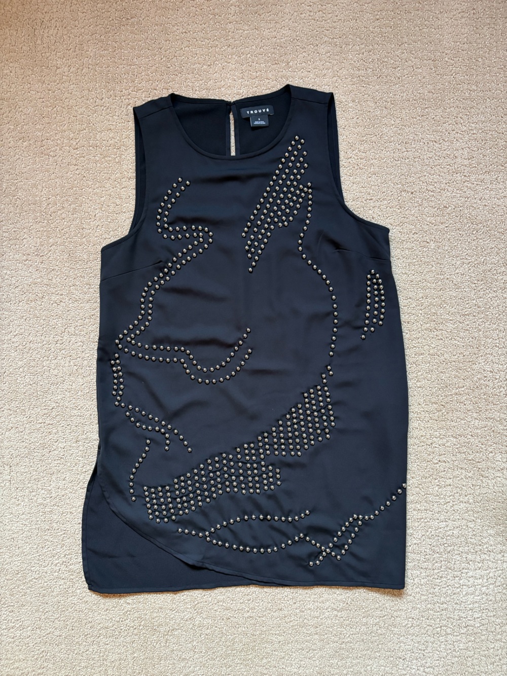 Trouve Black Studded Sleeveless Tank Top with Asymmetrical Hem and Keyhole Back